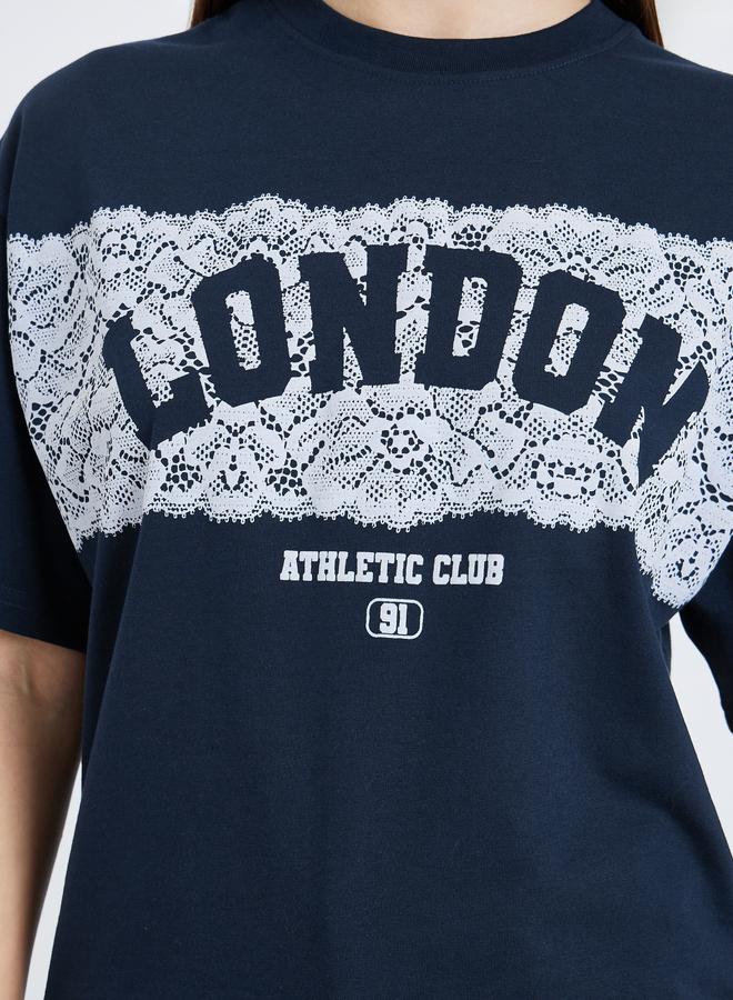 Styli Women Navy Blue London Slogan Oversized T-Shirt - Image 4